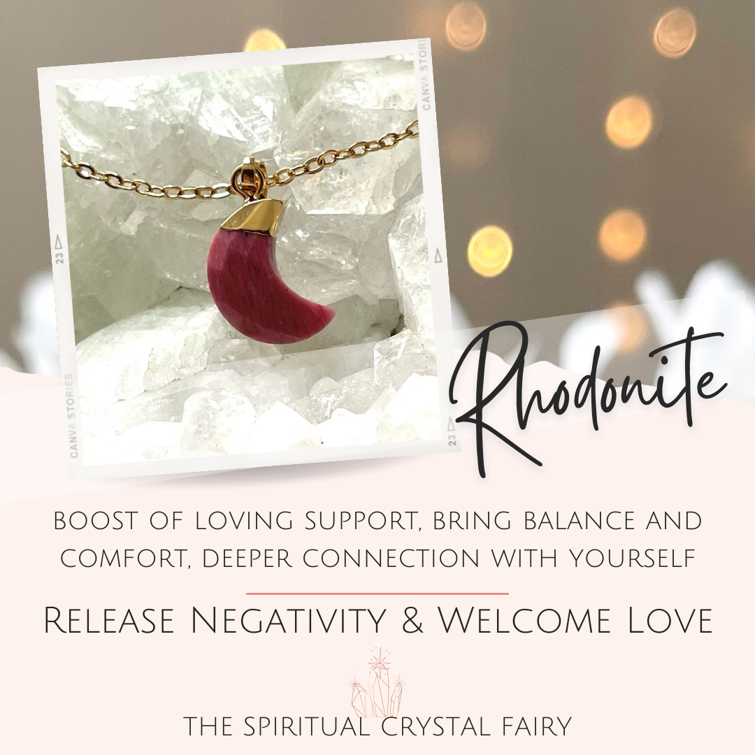 Rhodonite Crescent Moon Reiki Healing Crystal NecklaceThe Spiritual Crystal Fairy